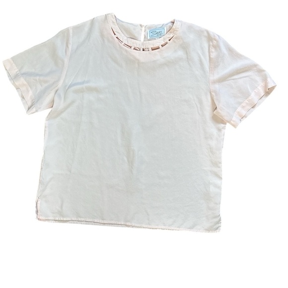 Pink 100% silk loose fit crepe de chine short sleeve blouse with neck detail - Picture 13 of 13